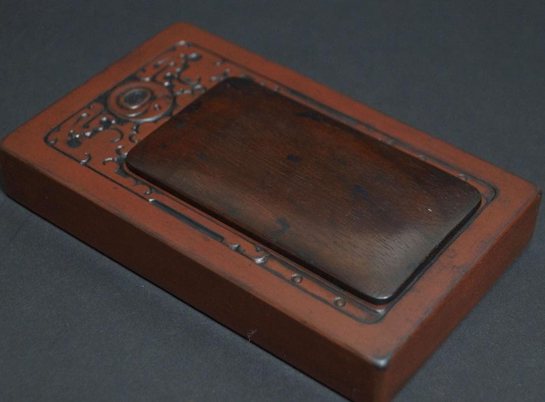 清 龍紋端渓硯 唐木紫檀硯台蓋付☆書道具☆時代物☆