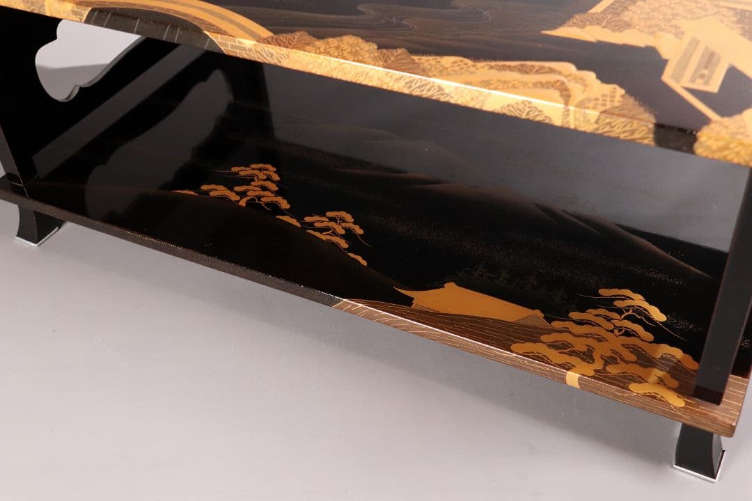 輪島塗 久世宗春 山水金蒔絵 冠卓 二段卓 花台 黒塗 天然木【MA366】