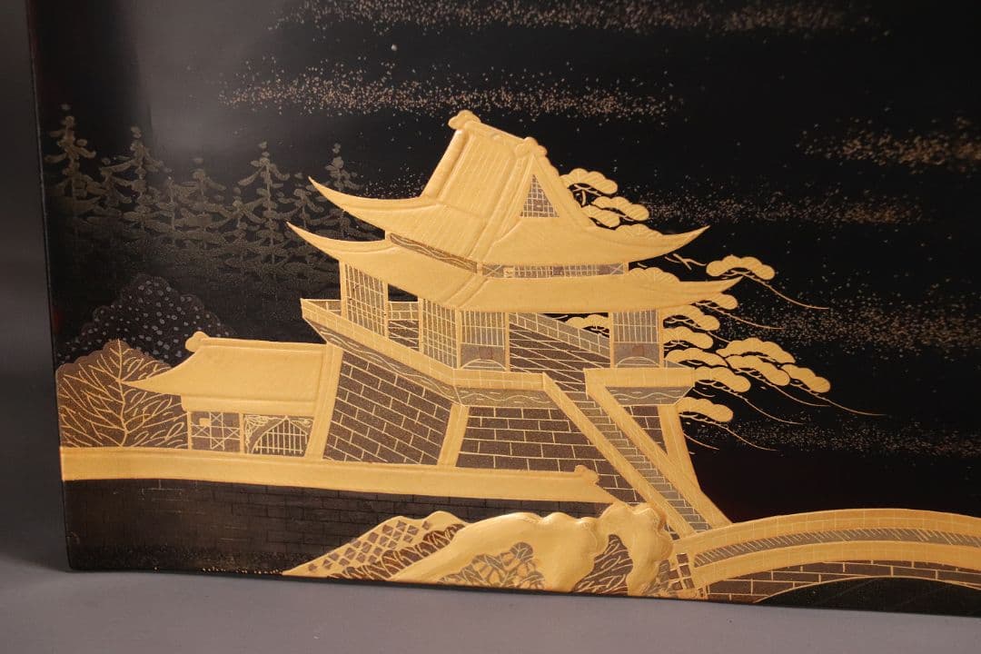 輪島塗 久世宗春 山水金蒔絵 冠卓 二段卓 花台 黒塗 天然木【MA366】