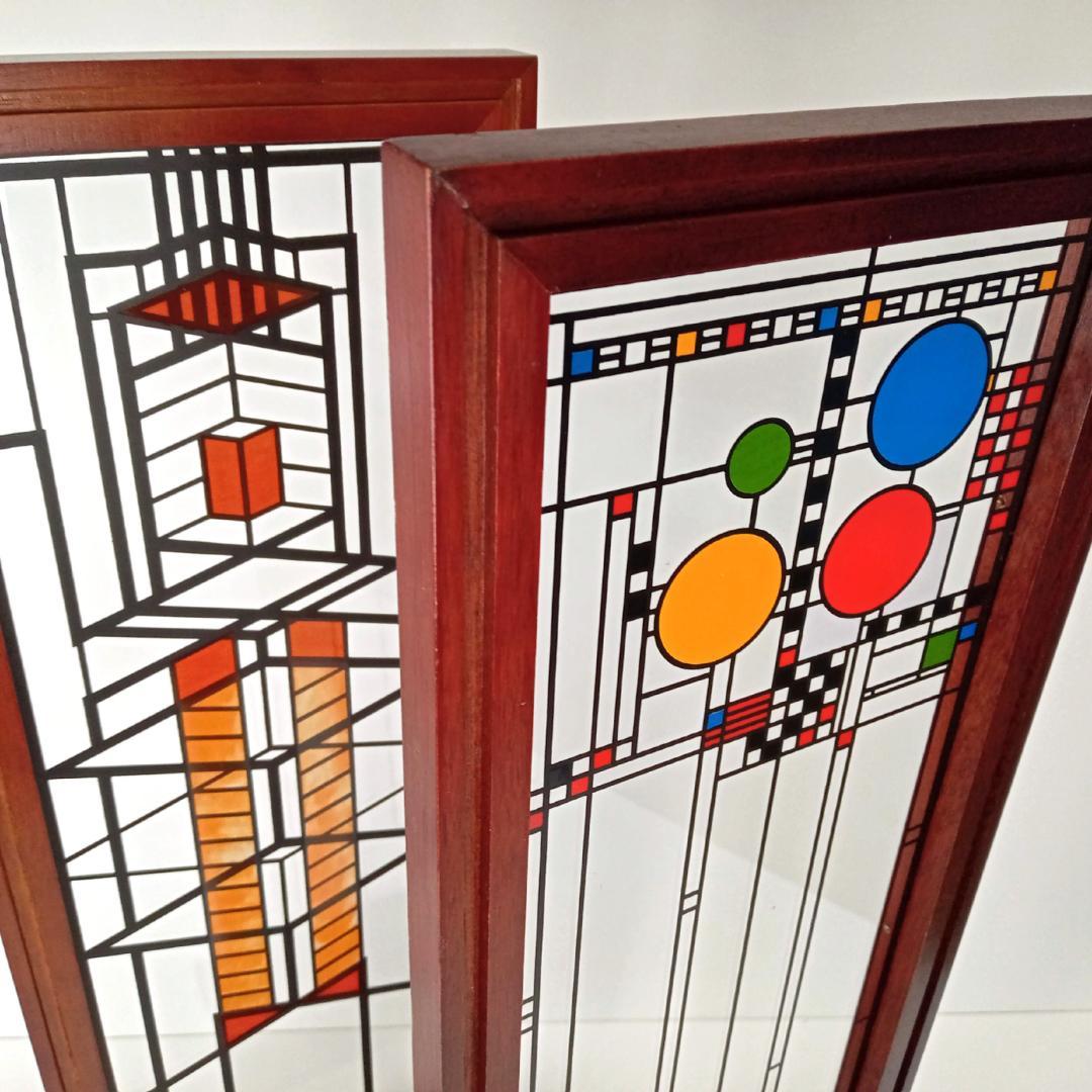 フランクロイドライト ステンドグラス木製枠２枚パレード＆ロビー邸グラスマスターズ