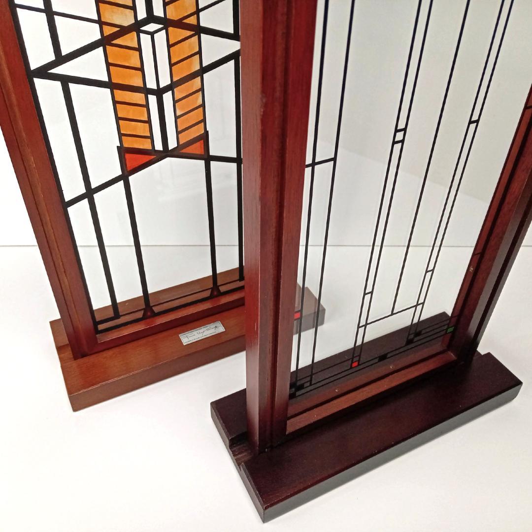 フランクロイドライト ステンドグラス木製枠２枚パレード＆ロビー邸グラスマスターズ