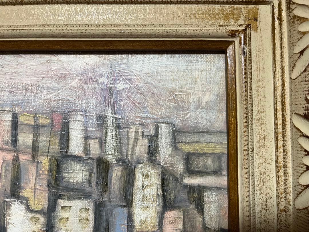 都市風景 油彩画 装飾的なフレーム付き