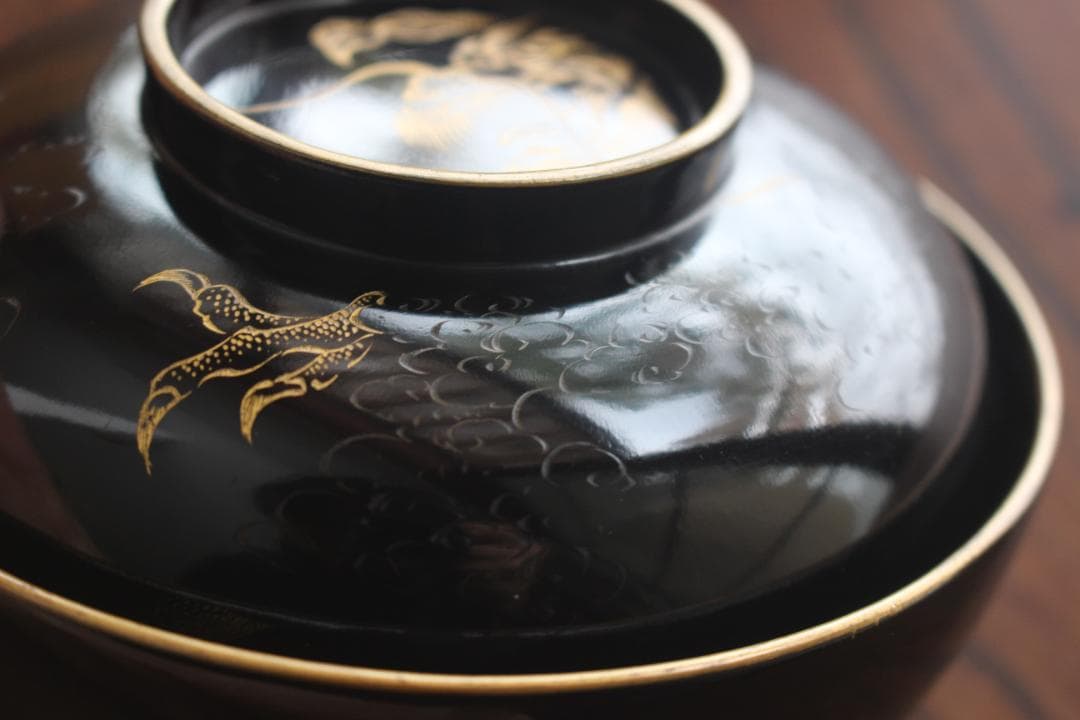 時代逸品！時代金縁黒漆に極上龍富士山沈金の映えるお椀2点（検輪島塗沈金椀懐石椀