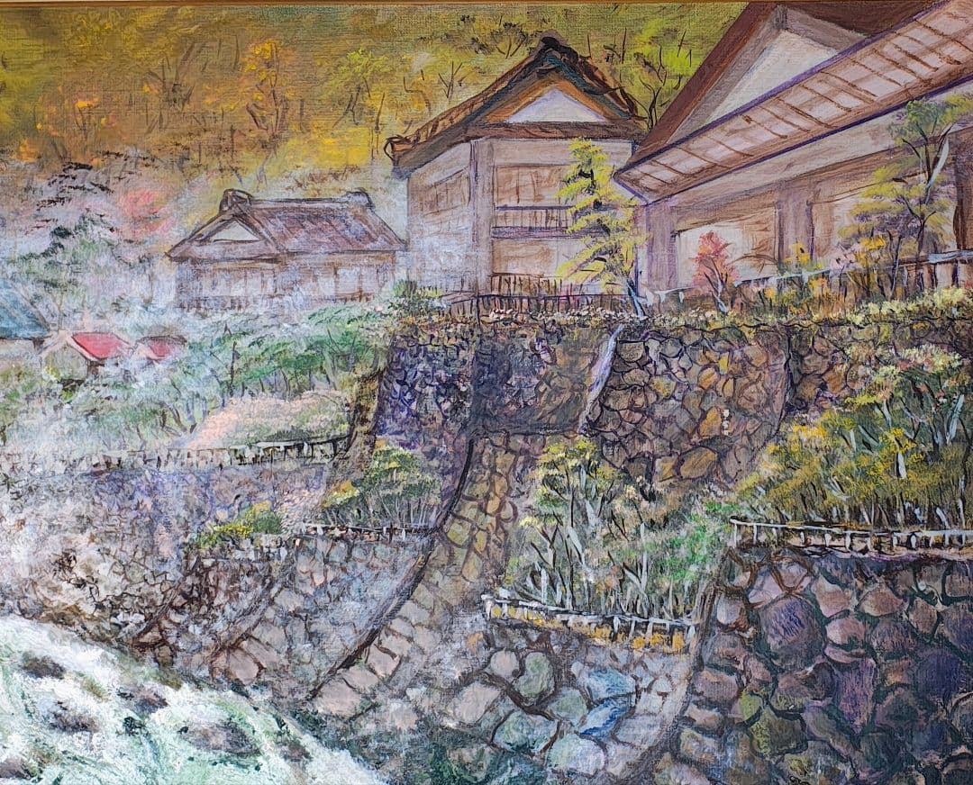 旅館装飾 F30号 大型 額縁 油絵 温泉街 昭和レトロ 店舗什器 アンティーク