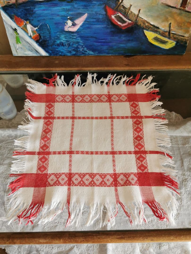 アンティークフランス ダマスク織レッドリネンクロス 花とダイヤモチーフペアセット