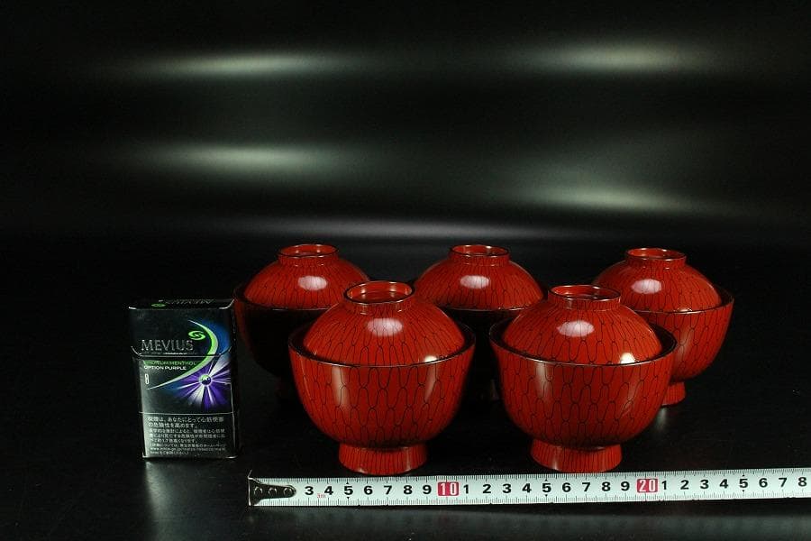 茶道具 網の絵 吸物椀 五客 塗師 宗哲 共箱 古美術(K-YC551)