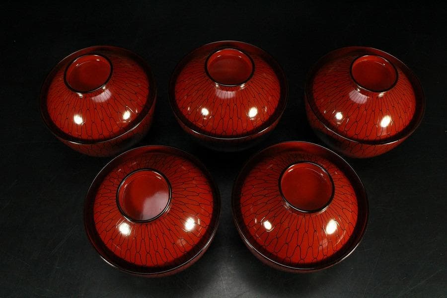 茶道具 網の絵 吸物椀 五客 塗師 宗哲 共箱 古美術(K-YC551)