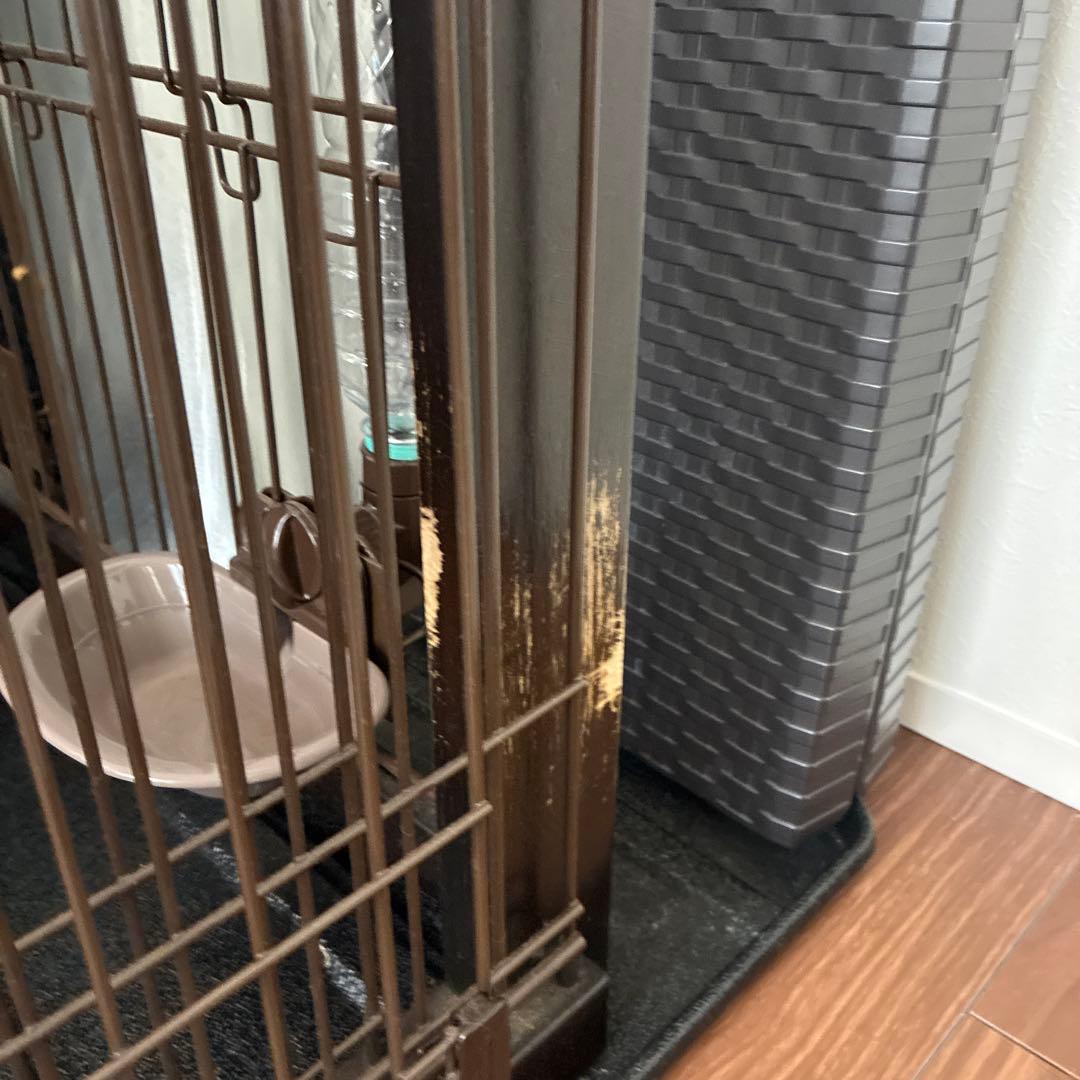 天然木　伸縮木製スライドペットサークル ダークブラウン　屋根・トレイ付き