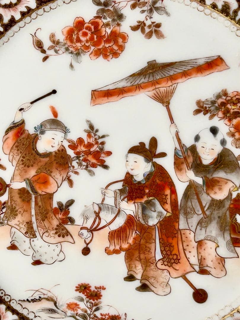 稀少 明治九谷の第一人者 松本佐平 松雲堂 赤絵金彩唐子図中皿 其のニ 九谷焼