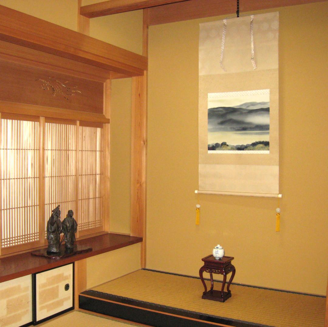 【真筆】掛け軸 掛軸　水墨山湖◆川村憲邦　太巻・共箱・二重箱