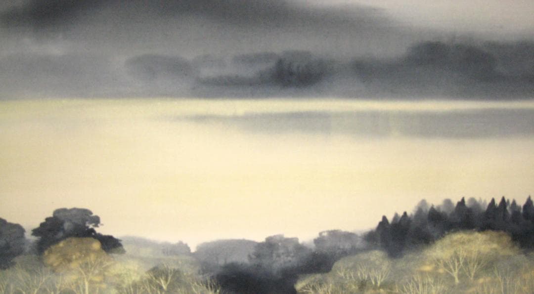 【真筆】掛け軸 掛軸　水墨山湖◆川村憲邦　太巻・共箱・二重箱