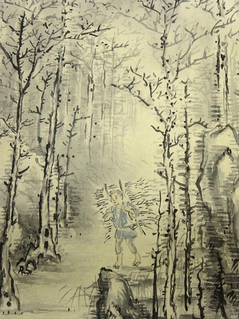 掛軸 山口天童『水墨山水図』日本画 絹本 肉筆 共箱付 掛け軸 a04142