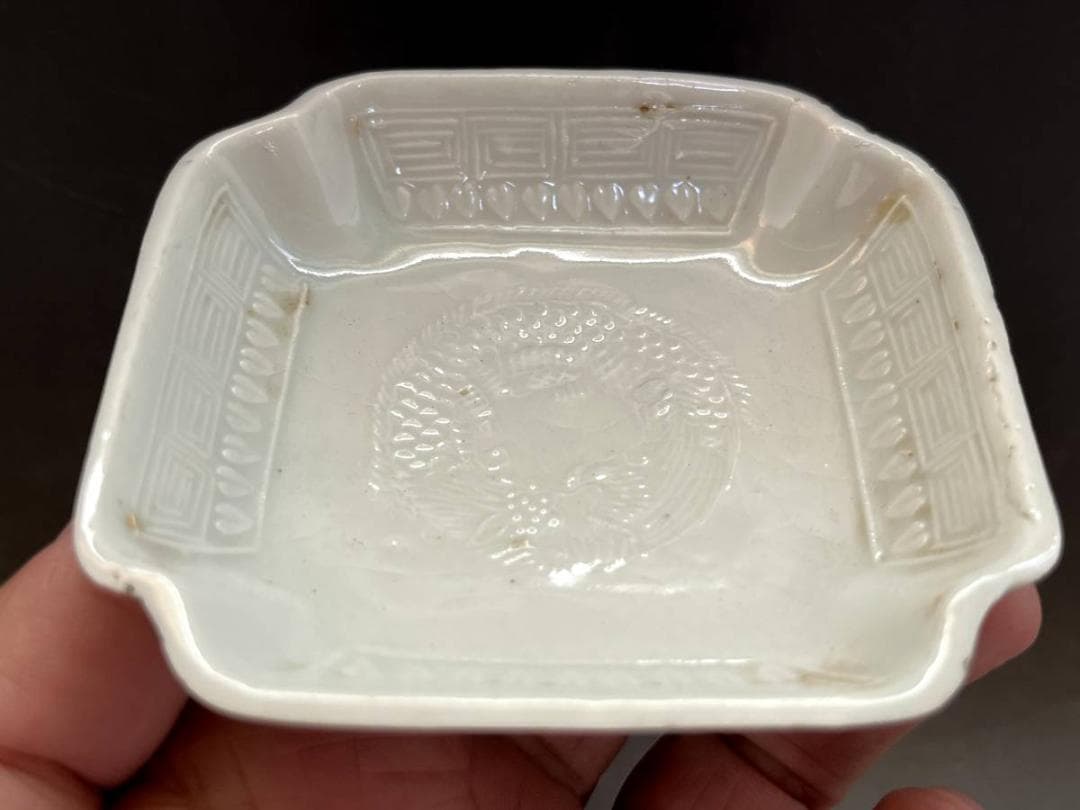 小皿■出石焼（江戸～明治）古い白磁四方皿角皿 7枚 龍 傷有 時代物 骨董品■