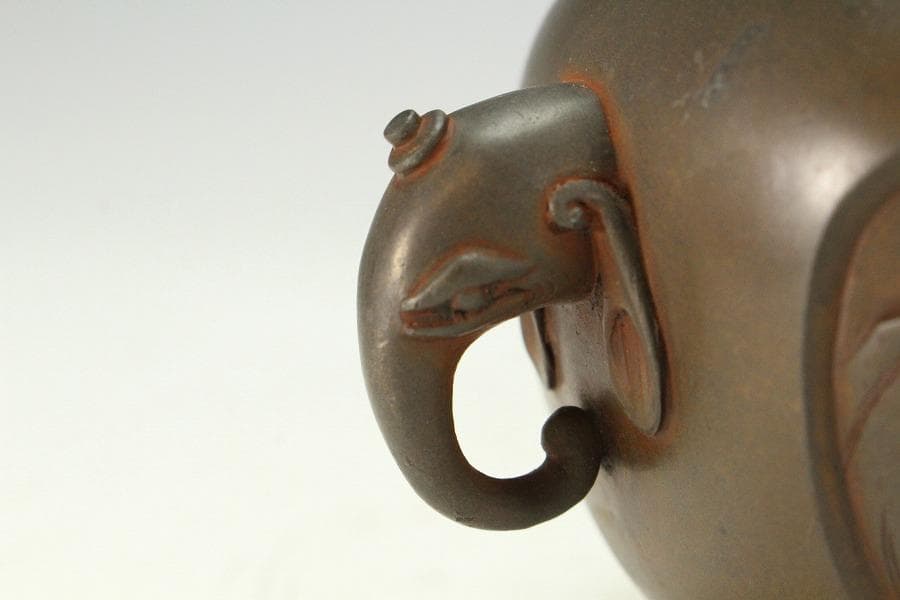 古銅 象耳 花鳥紋 香炉 古美術(K-LC956)