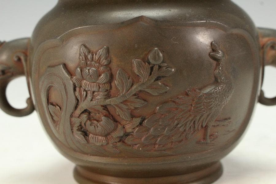 古銅 象耳 花鳥紋 香炉 古美術(K-LC956)