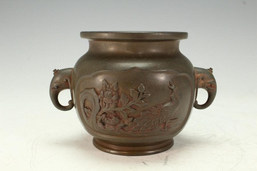 古銅 象耳 花鳥紋 香炉 古美術(K-LC956)