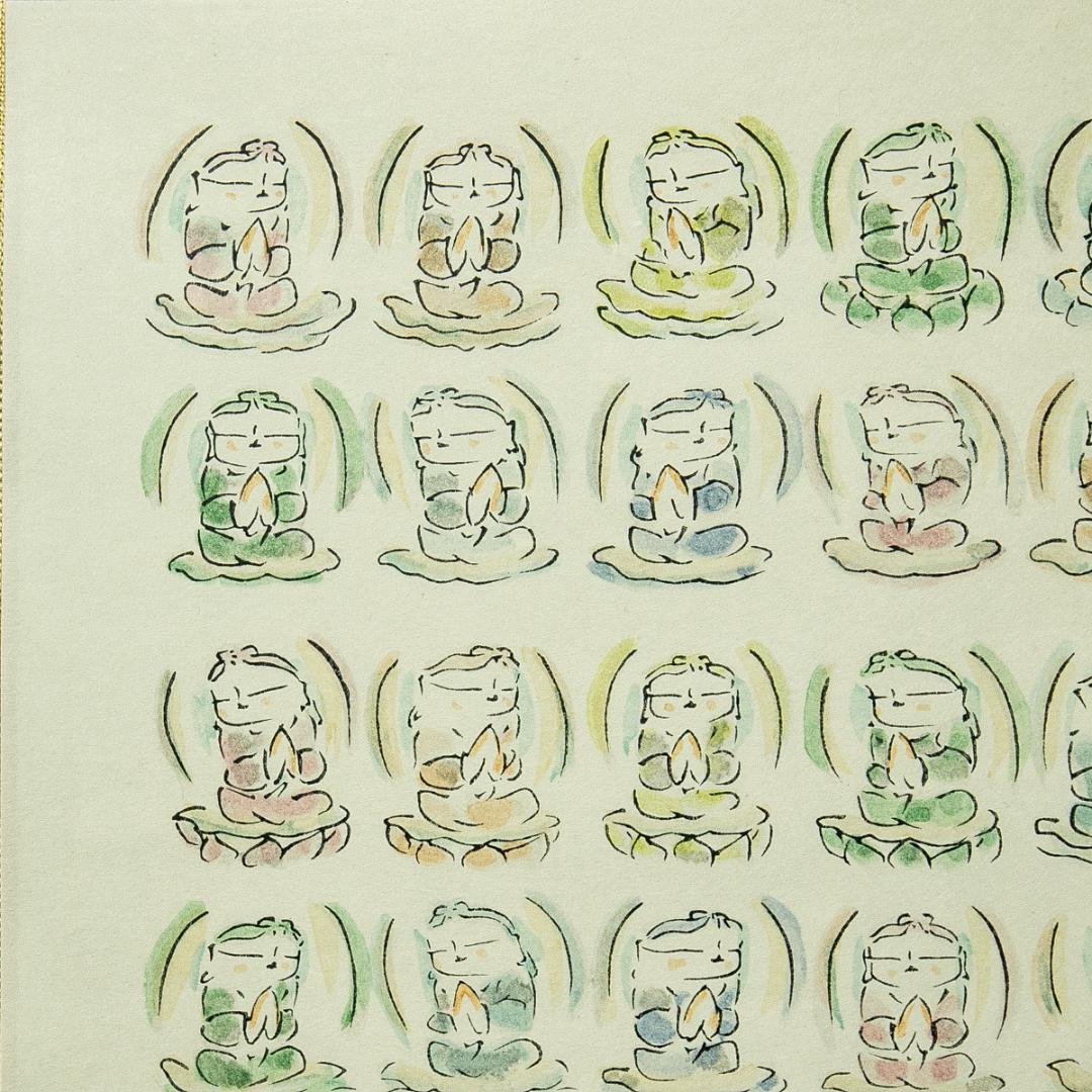 掛軸-1749　佐久間顕一　百体合掌童子　手彩木版画　共箱　太巻　限定九百五十部