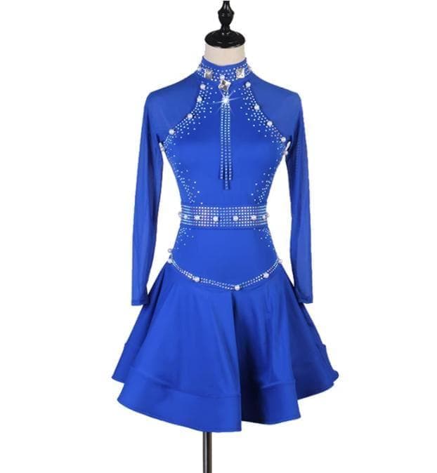 青い長袖ビジュー付きダンスドレス