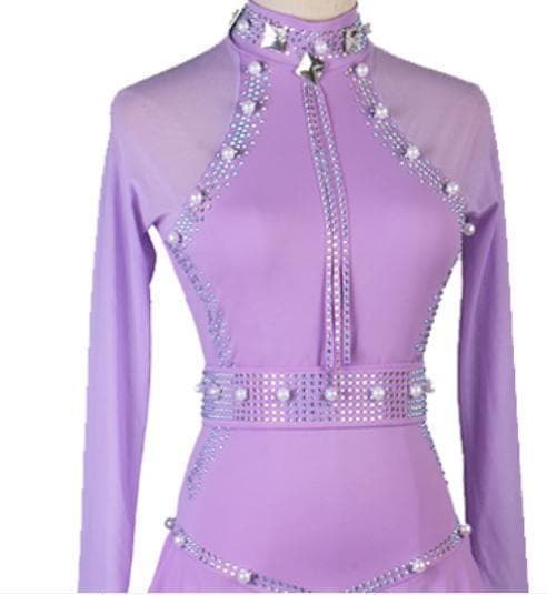 青い長袖ビジュー付きダンスドレス