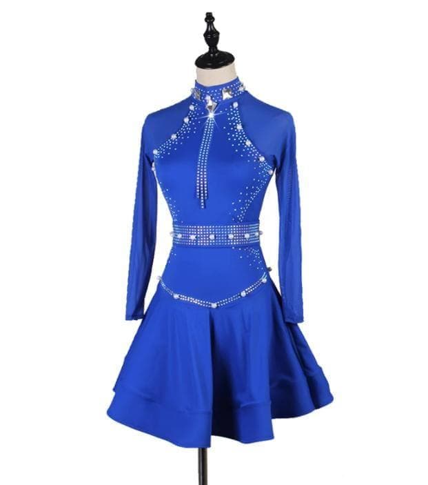 青い長袖ビジュー付きダンスドレス