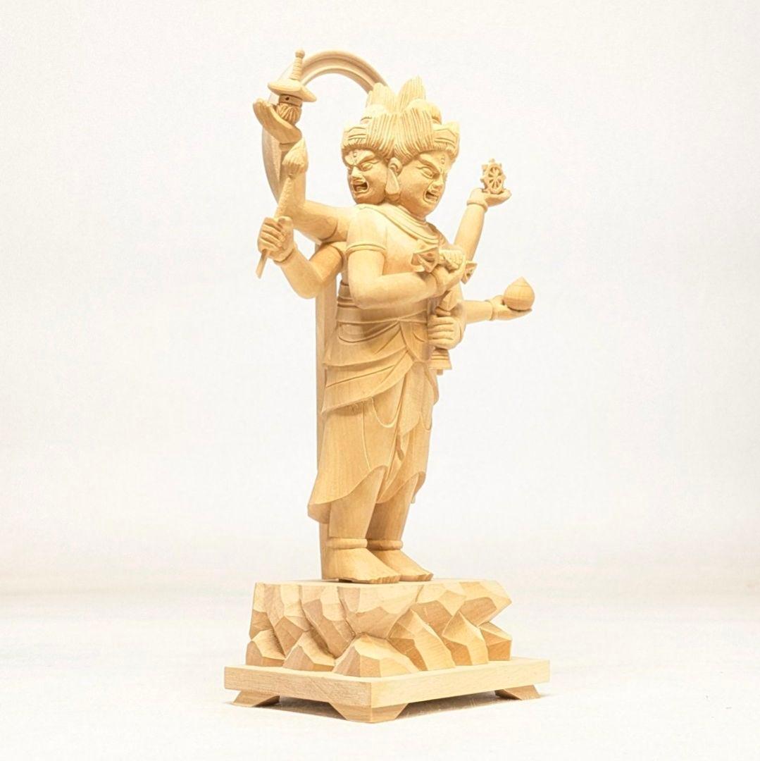 【セール・新品】三宝荒神　柘植　総高さ約17㎝　竈　三面六臂　台所の神