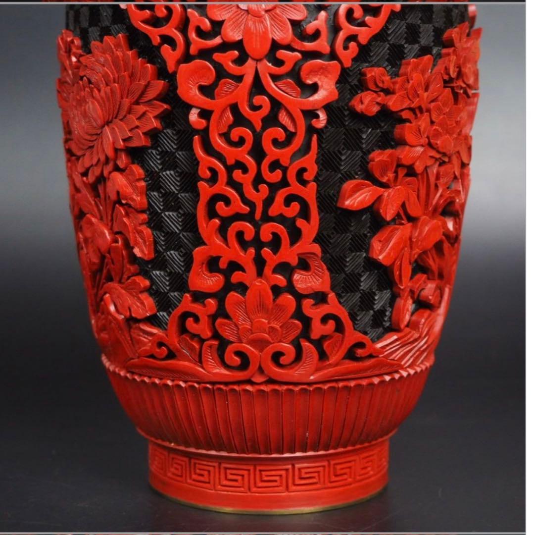 送料無料　極上高肉彫堆朱花瓶　台付　全高さ29ｃｍ　共箱　中国古玩骨董