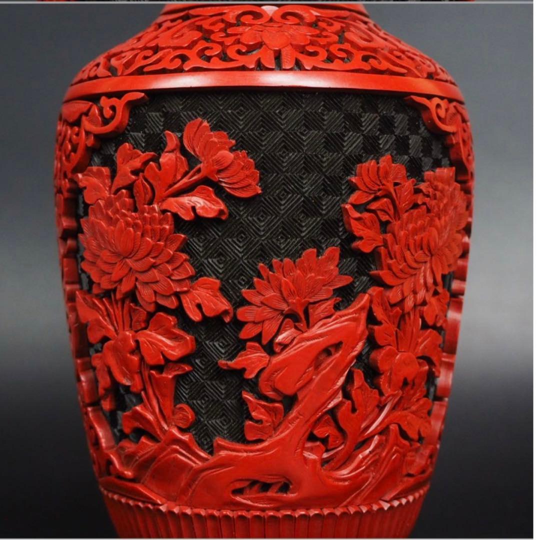 送料無料　極上高肉彫堆朱花瓶　台付　全高さ29ｃｍ　共箱　中国古玩骨董