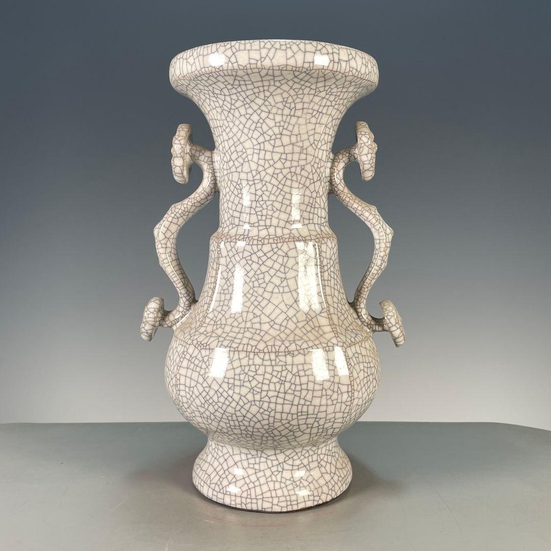 哥窯開片如意双耳瓶 景徳鎮 陶磁器 装飾品 現代工芸品 美術品 置物