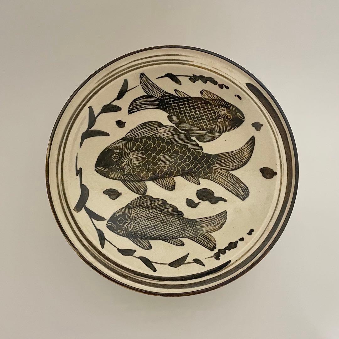 鉄絵 魚文 高坏皿 コンポート皿 中国美術 古玩 磁州窯 スンコロク スコタイ
