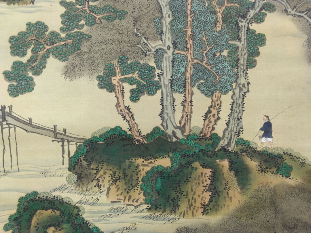 立原杏所【青緑山水図】絹本　掛軸・識箱／2重箱　(江戸時代・水戸藩士・徳川斉昭)