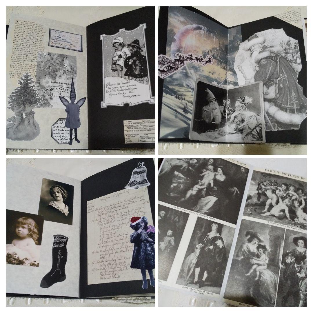 モノクロカラーのクリスマス　ジャンクジャーナル　アンティーク　レース　ビンテージ