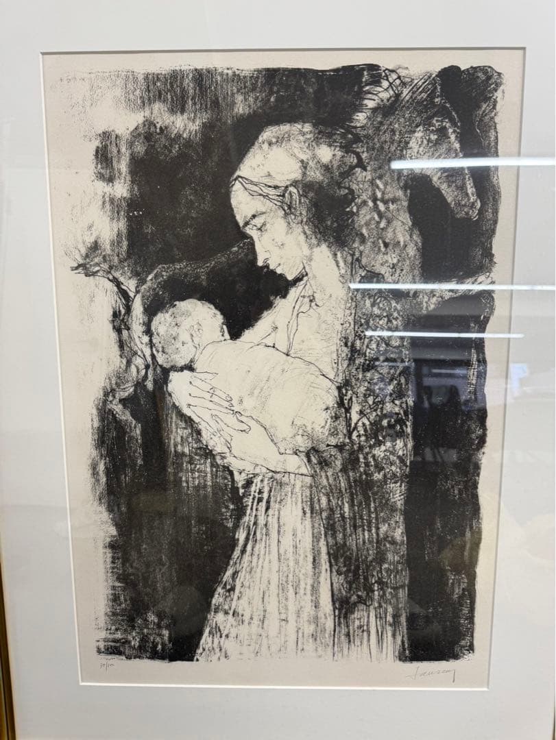 リトグラフ ジャン・ジャンセン ショールをした母子　直筆サイン 79/100