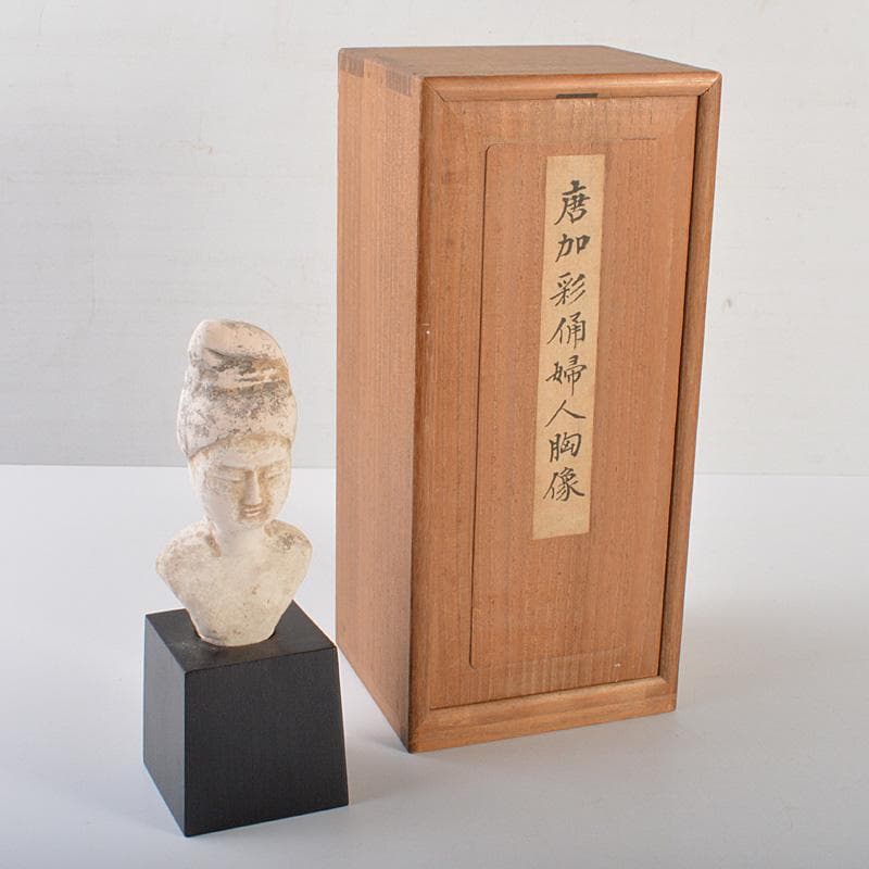 中国　唐代　加彩　人物俑　婦人胸像　置物　時代箱　M　R7157