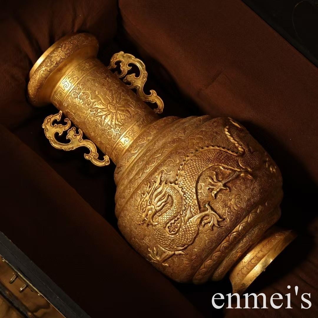 中国古美術・旧蔵鎏金の盤龍花瓶・純手作り・純銅製・高浮彫・案頭・文房・風水開運