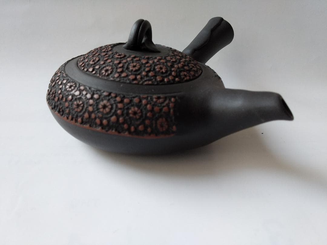 更紗常滑焼 稲葉石水 造 黒泥茶注 黒泥丸型急須 土瓶 共箱 共布 栞新品