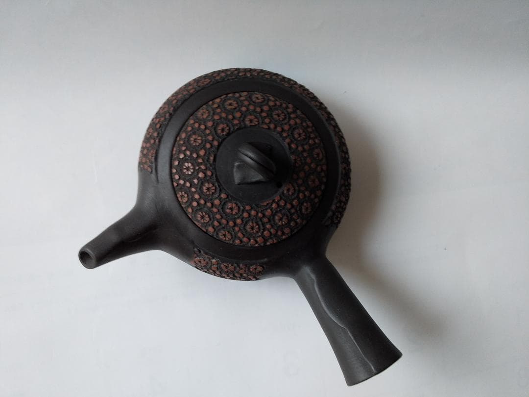 更紗常滑焼 稲葉石水 造 黒泥茶注 黒泥丸型急須 土瓶 共箱 共布 栞新品