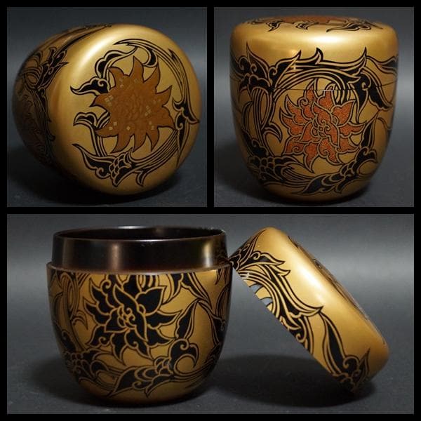 輪島塗 蒔絵師 紫香 (谷内 一則)造 金蒔絵『唐花』棗木製漆塗 共箱★美品