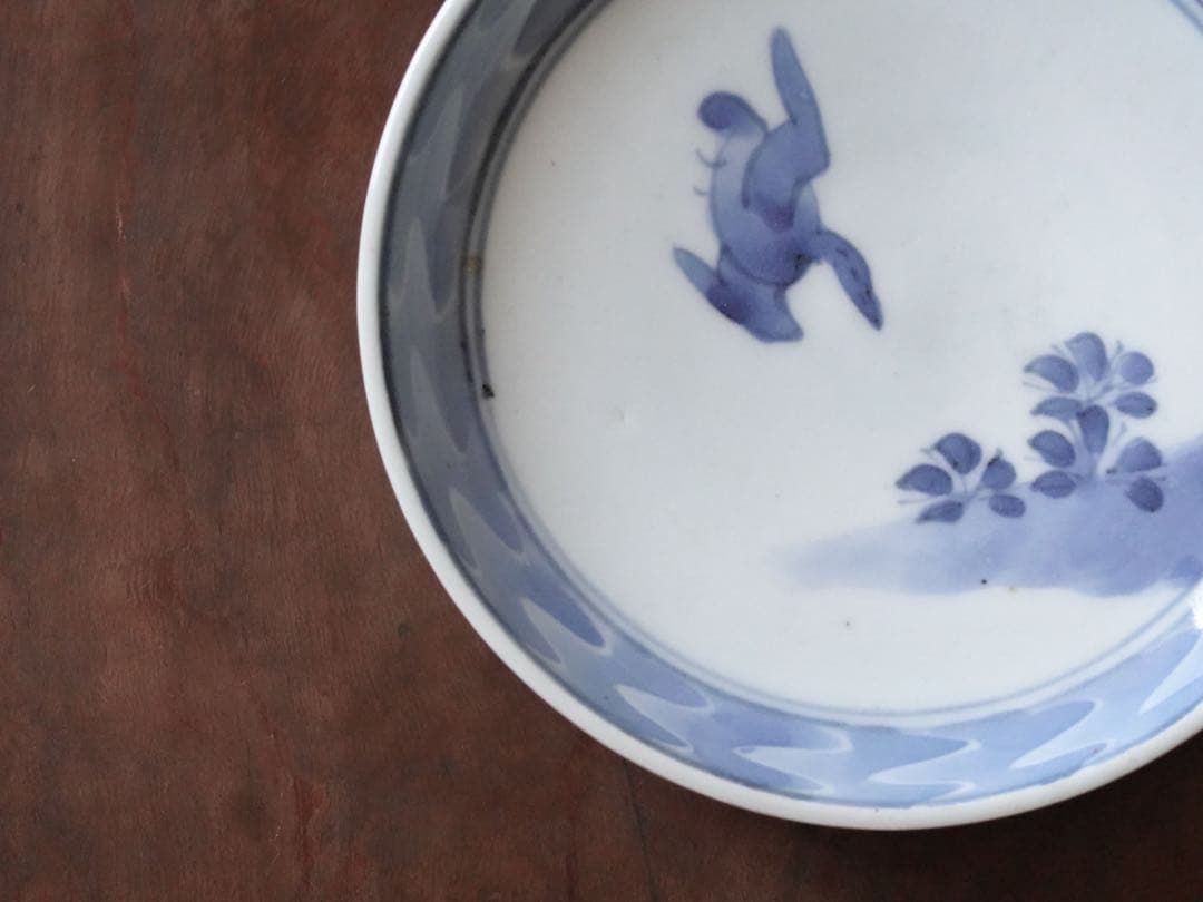 江戸時代　前期　古伊万里　藍九谷　染付　墨弾き縁　花鳥文　皿　小皿　飾皿　食器