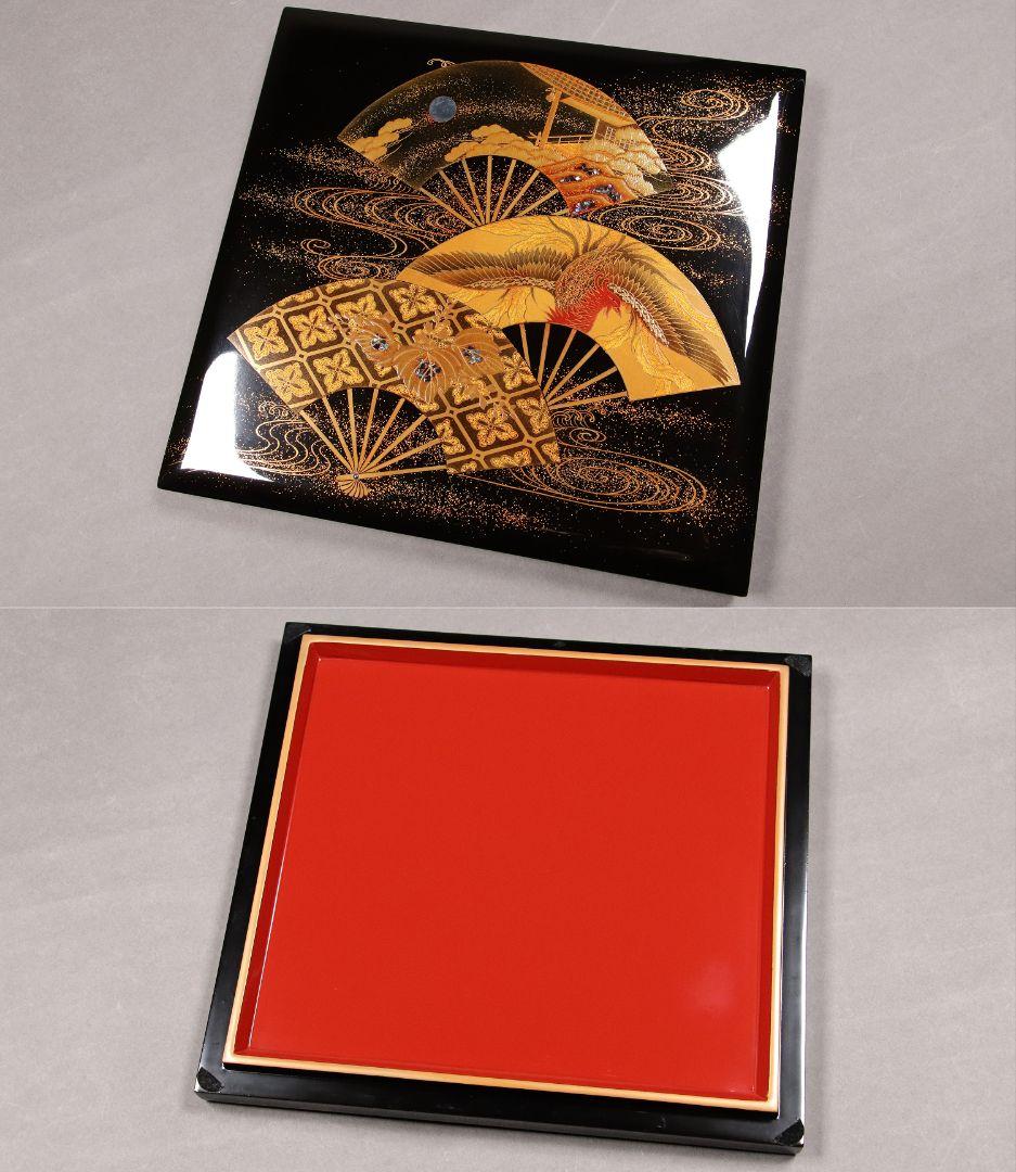 M667/輪島塗 桐鳳凰草花扇面金蒔絵 銀象嵌 螺鈿細工 黒塗内朱塗五段重 重台
