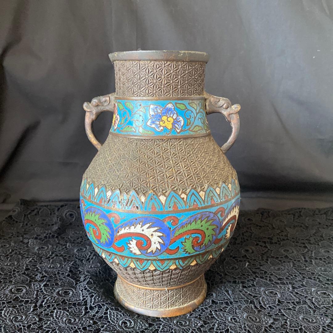 古銅七宝饕餮文耳付瓶/清朝時代-17世紀 銅製/七宝銅胎花器/中国古美術/骨董