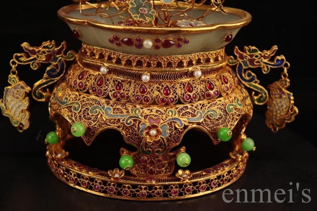 中国古美術 旧蔵清代 花絲嵌和田白玉飾件 細工 古玩 宝石装飾 文房置物 天然石