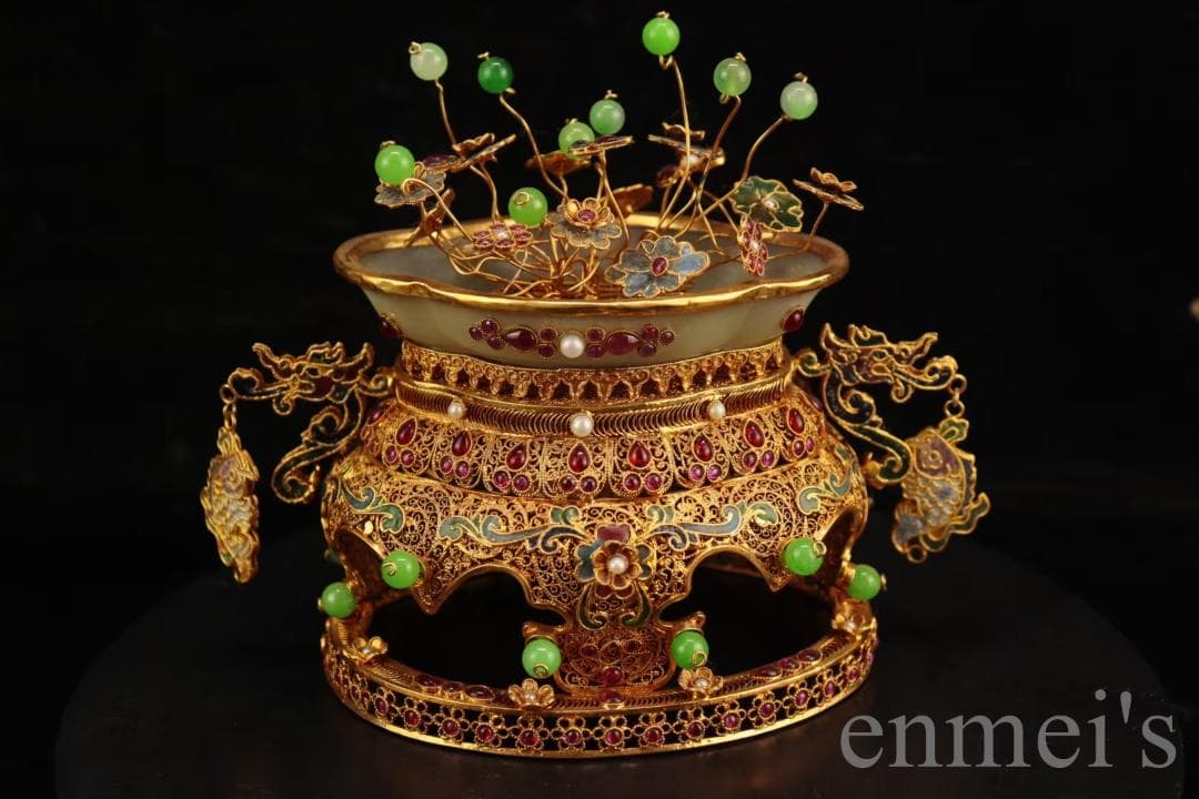 中国古美術 旧蔵清代 花絲嵌和田白玉飾件 細工 古玩 宝石装飾 文房置物 天然石