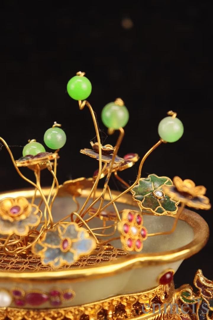 中国古美術 旧蔵清代 花絲嵌和田白玉飾件 細工 古玩 宝石装飾 文房置物 天然石