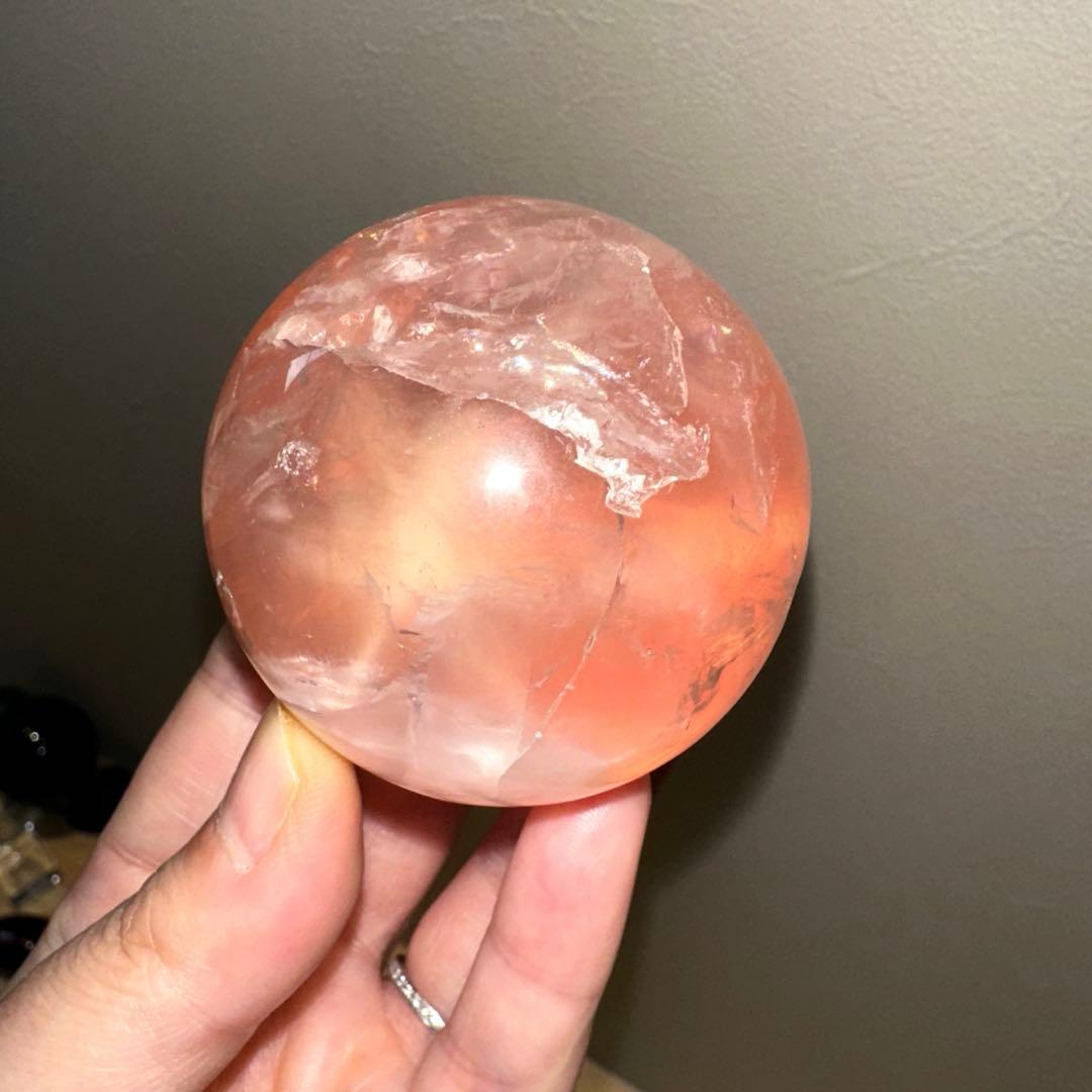 ジェムローズクォーツ　高品質　5.4㎝　スフィア　透明度　ゼリー感　サーモンピン