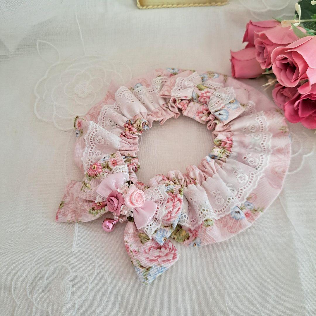 幅広シュシュ(ピンクローズ)わんちゃん猫ちゃん用