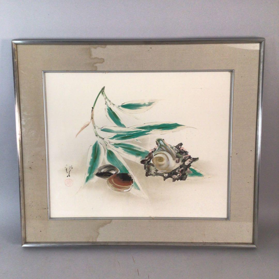 No3711額装　川端龍子　熊笹に貝図　絹本　在銘　落款　日本画　絵画　送料無料