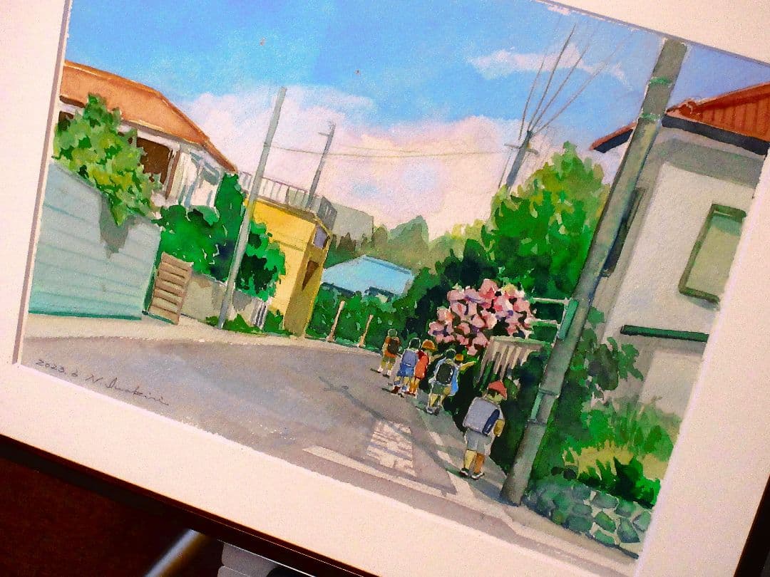 下校時間.水彩画 額縁付き