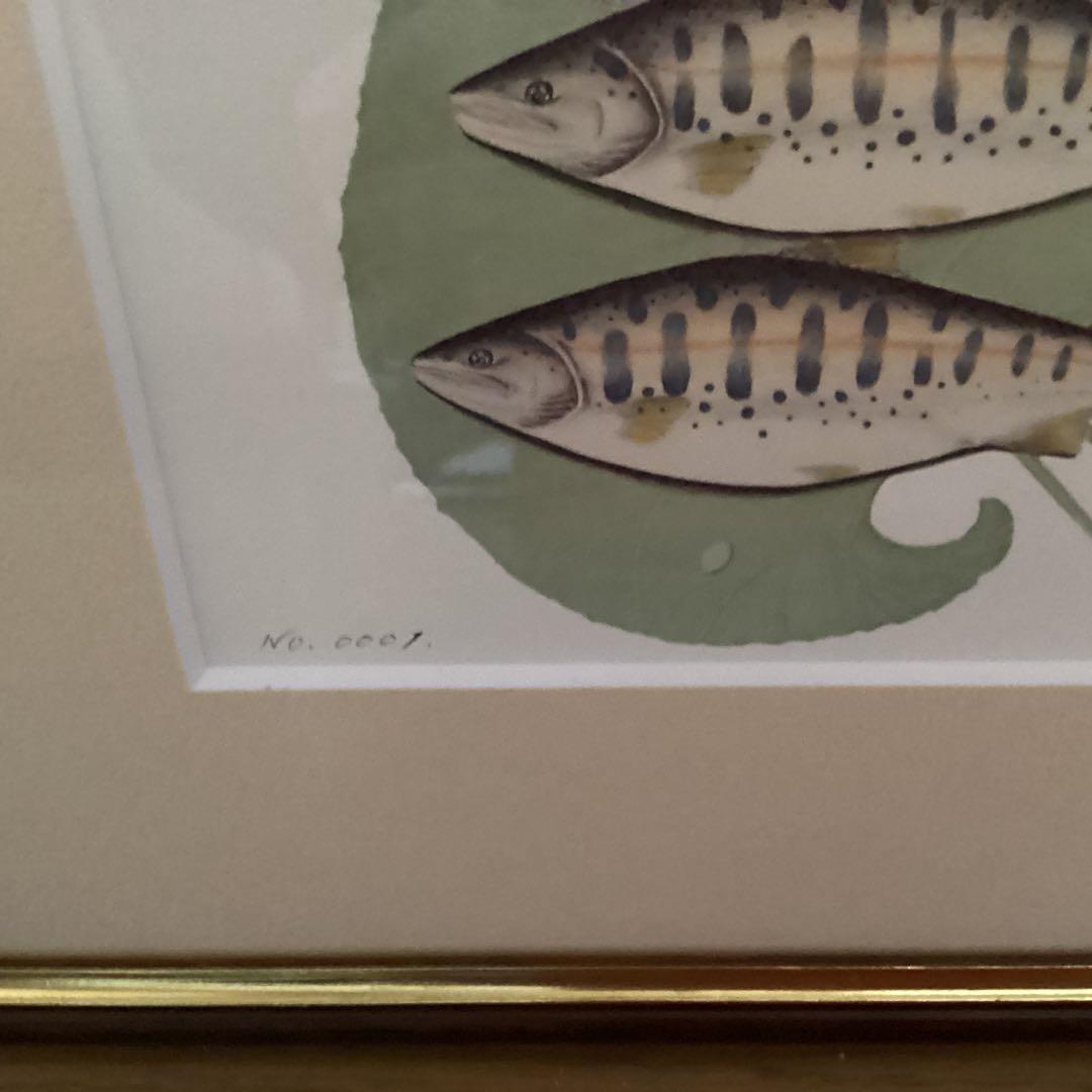 大場雅文作　山女魚アート画　作者サイン　【作品　額装裏】有り　制作NO０００１号