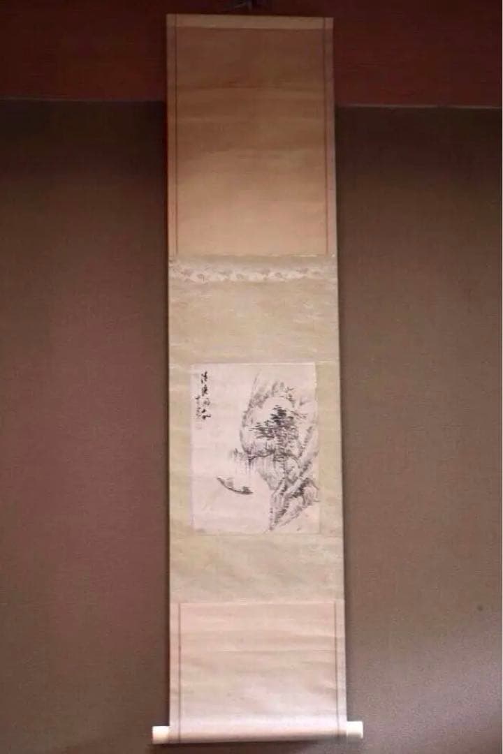 夏山水と船の図　　在銘刻印あり　水墨画　掛け軸