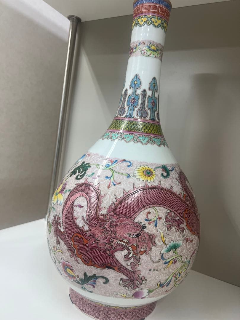 中国乾隆年製長頸瓶骨董唐物アンティーク古美術江戸青磁手描きドラゴン模様の陶器瓶